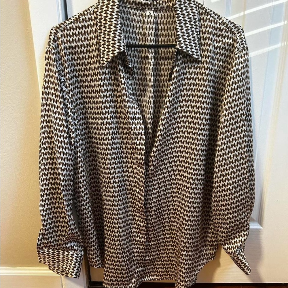 SHEIN Brown and White Houndstooth Blouse